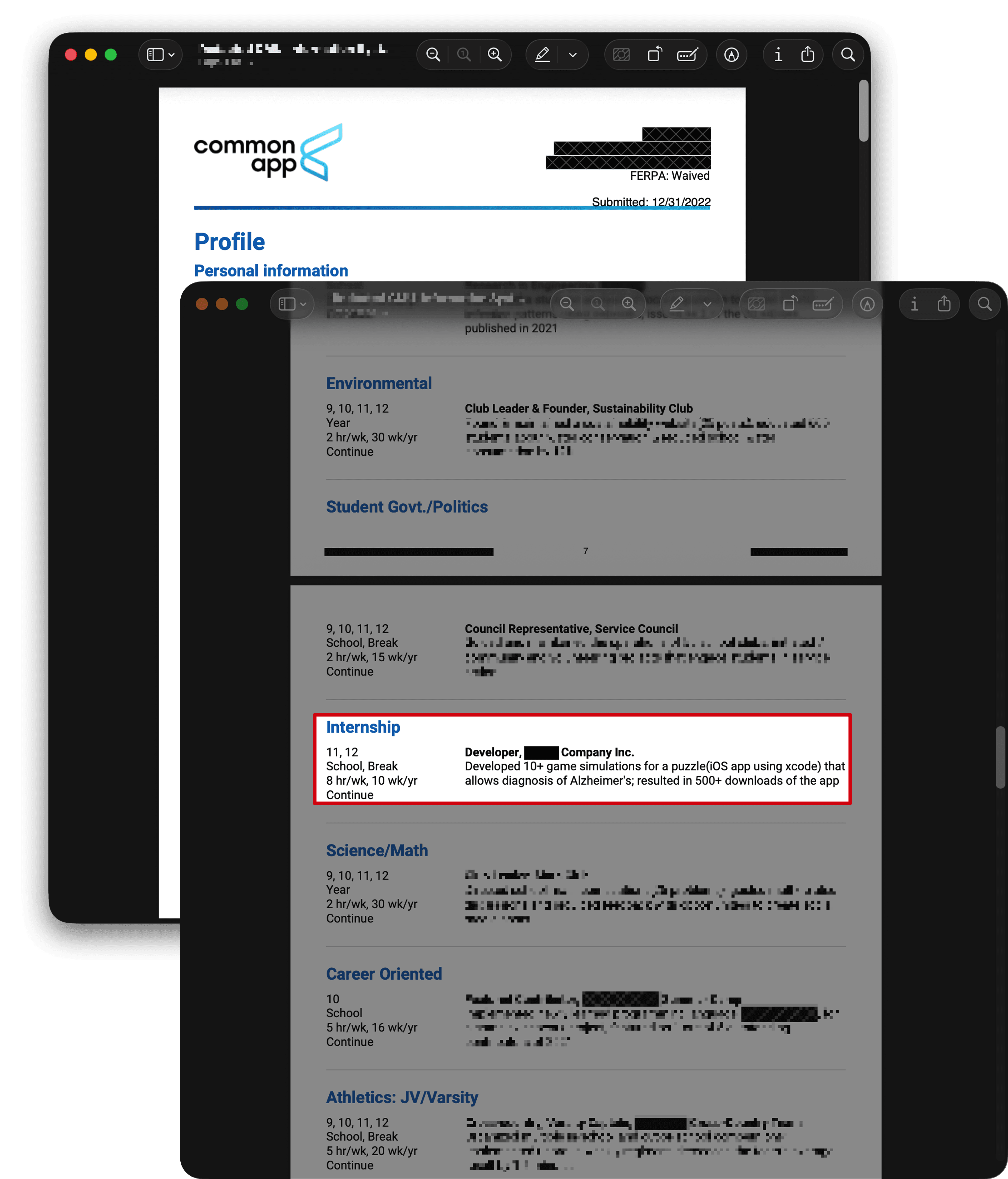 Common App activities section listing an internship